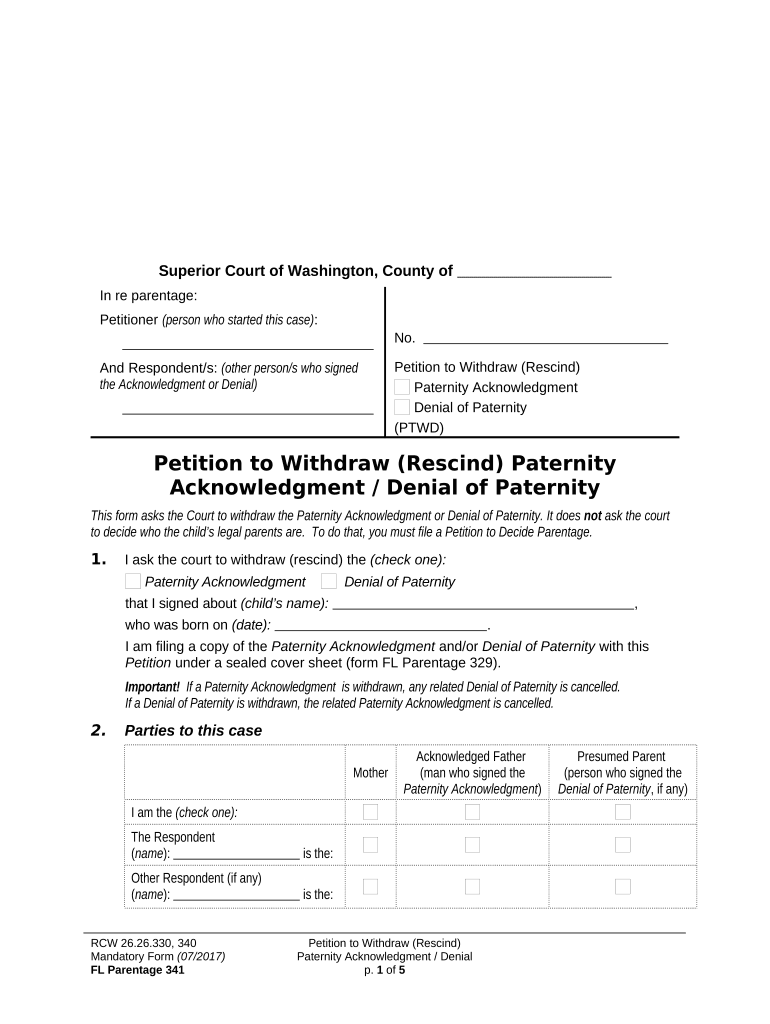 WPF PS 11 0100 Petition for Rescission of Acknowledgment of Paternity within 60 Days Washington  Form