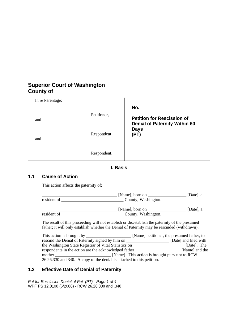 WPF PS 12 0100 Petition for Rescission of Denial of Paternity within 60 Days Washington  Form