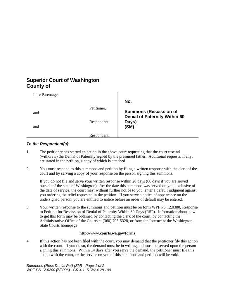 WPF PS 12 0200 Summons Rescission of Denial of Paternity within 60 Days Washington  Form