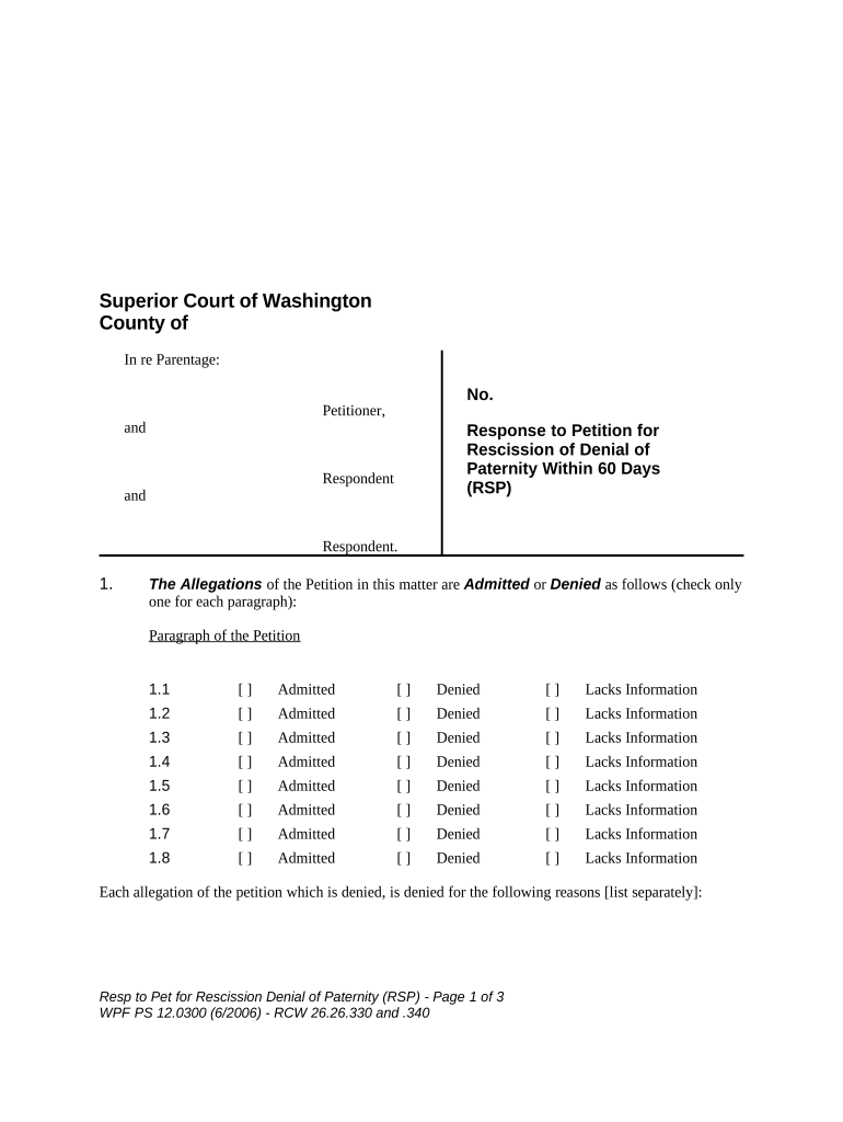 WPF PS 12 0300 Response to Petition for Rescission of Denial of Paternity within 60 Days Washington  Form