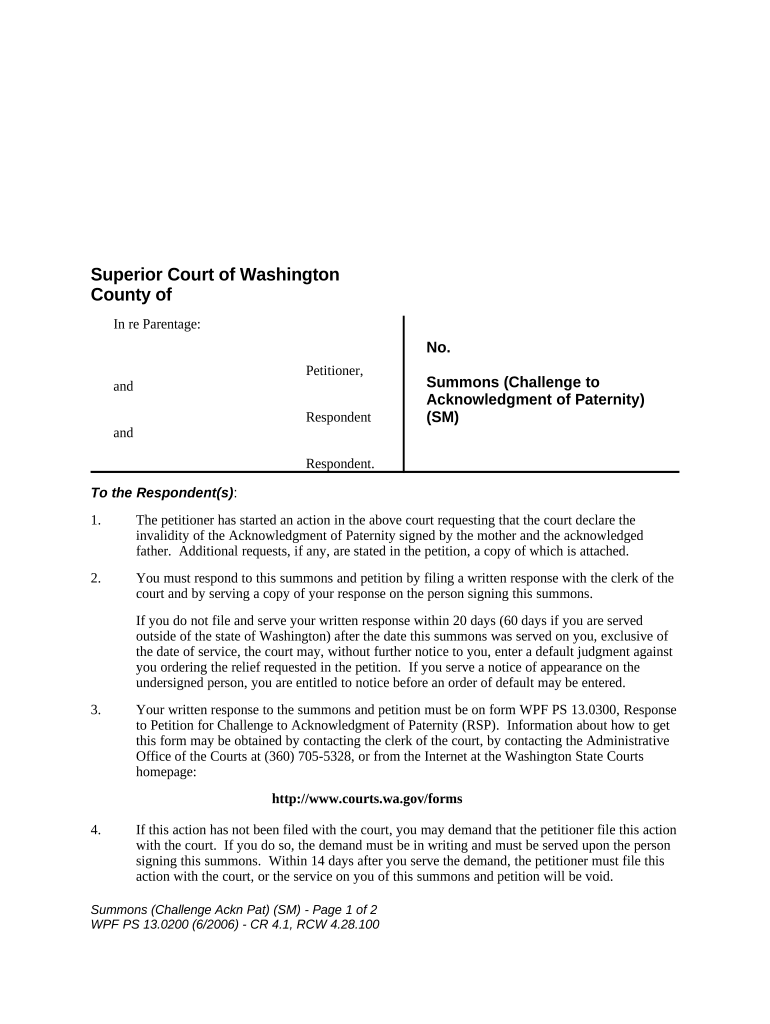 WPF PS 13 0200 Summons Challenge to Acknowledgment of Paternity Washington  Form