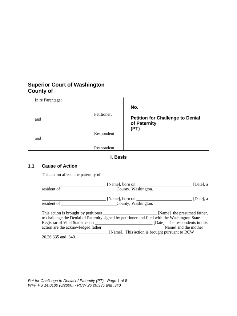 WPF PS 14 0100 Petition for Challenge to Denial of Paternity Washington  Form