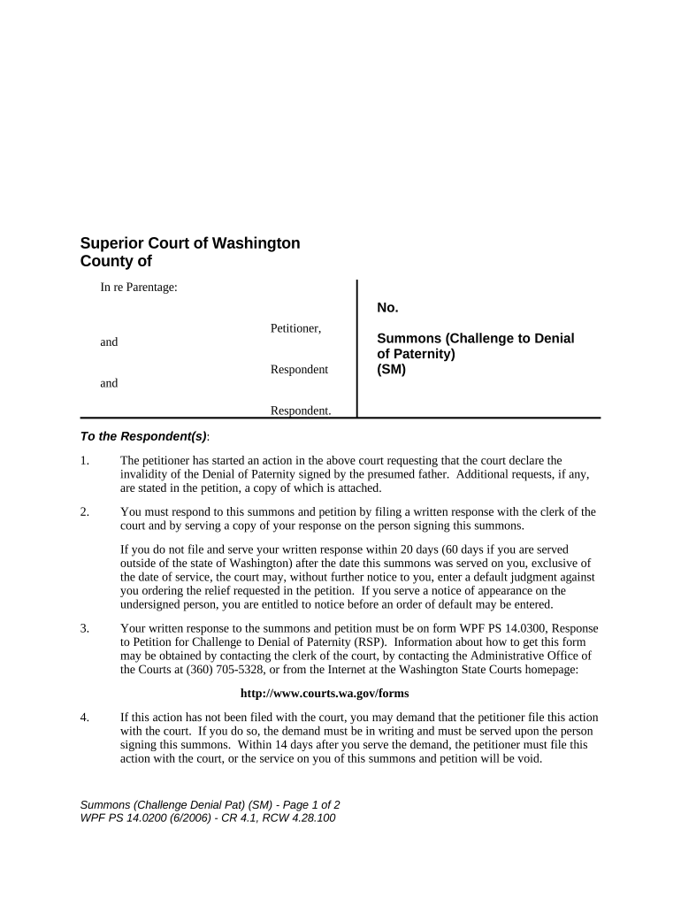 WPF PS 14 0200 Summons Challenge to Denial of Paternity Washington  Form