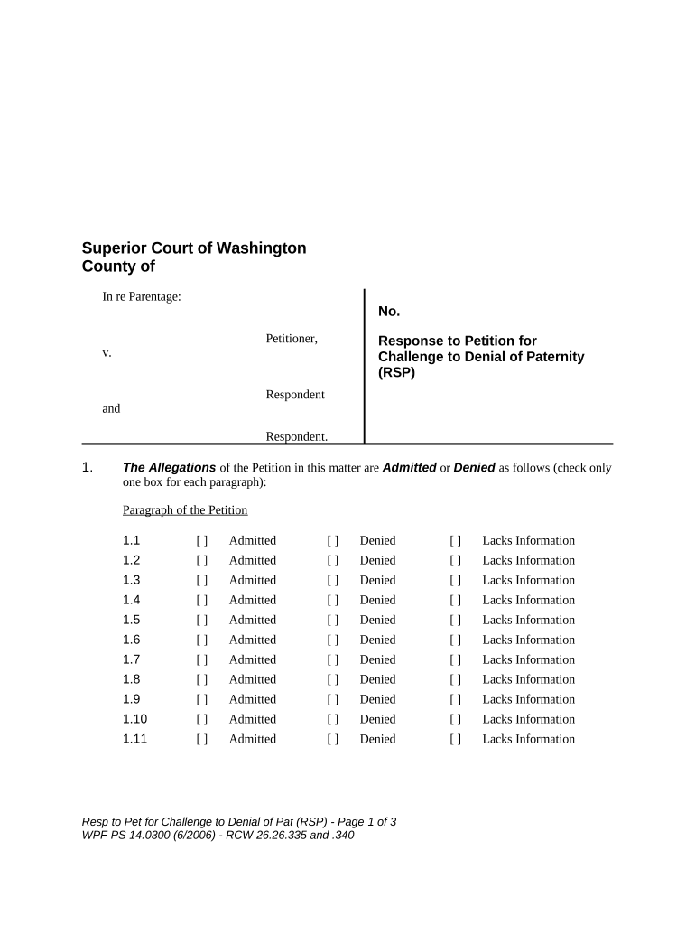 WPF PS 14 0300 Response to Petition for Challenge to Denial of Paternity Washington  Form