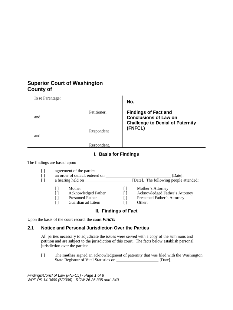 WPF PS 14 0400 Findings of Fact and Conclusions of Law on Challenge to Denial of Paternity Washington  Form