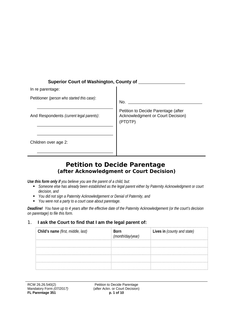 WPF PS 16 0100 Petition for Establishment of Parentage Pursuant to RCW 26 26 Washington  Form