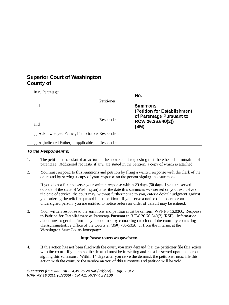 WPF PS 16 0200 Summons Petition for Establishment of Parentage Pursuant to RCW 26 26 Washington  Form