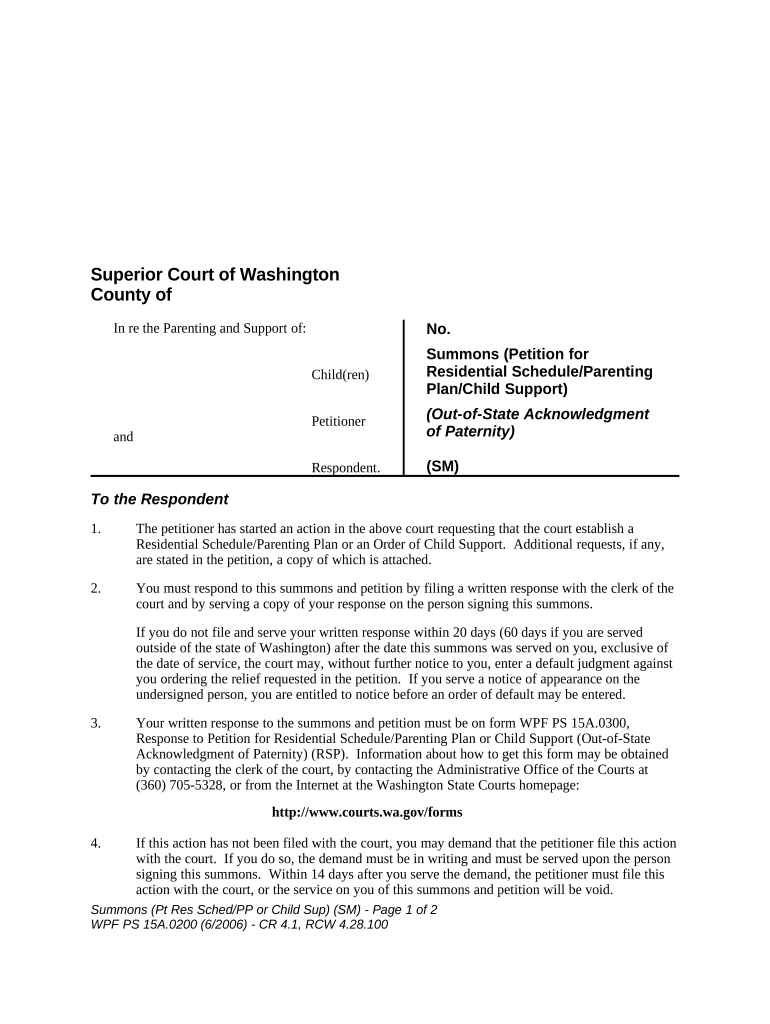 WPF PS 15A 0200 Summons Petition for Residential Schedule Parenting Plan or Washington  Form