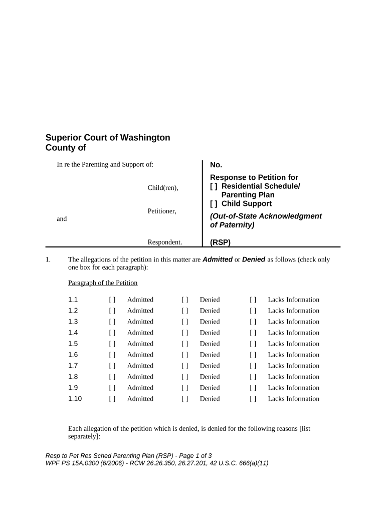 WPF PS 15A 0300 Response to Petition for Residential Schedule Parenting Plan Washington  Form