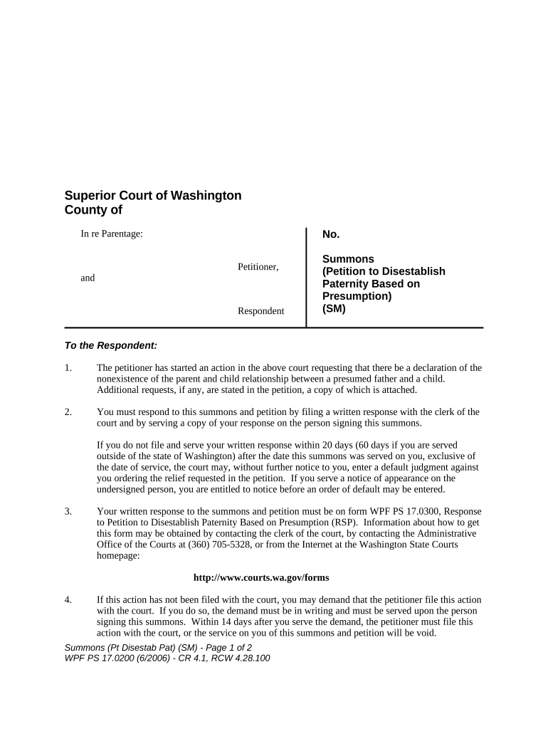 WPF PS 17 0200 Summons Petition to Disestablish Paternity Based on Presumption Washington  Form