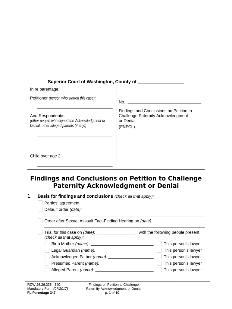 WPF PS 17 0400 Findings of Fact and Conclusions of Law on Petition to Disestablish Washington  Form