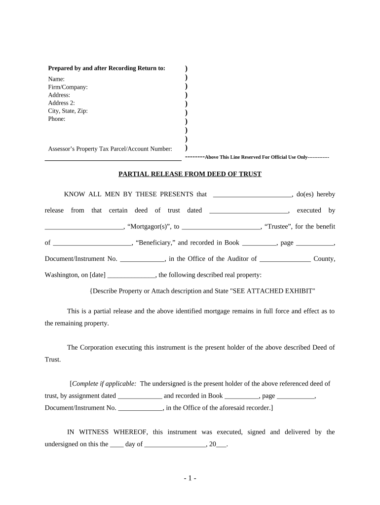 Partial Release of Property from Deed of Trust for Corporation Washington  Form