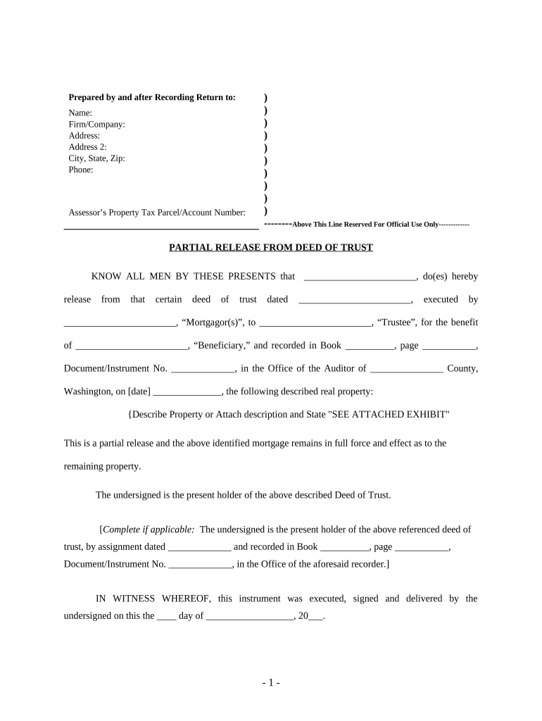 Partial Release of Property from Deed of Trust for Individual Washington  Form