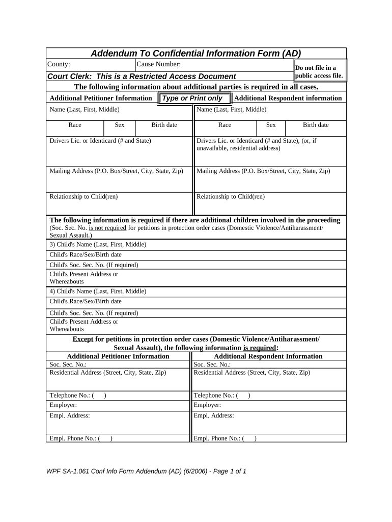 SA 1 061 Addendum to Confidential Information Form Washington