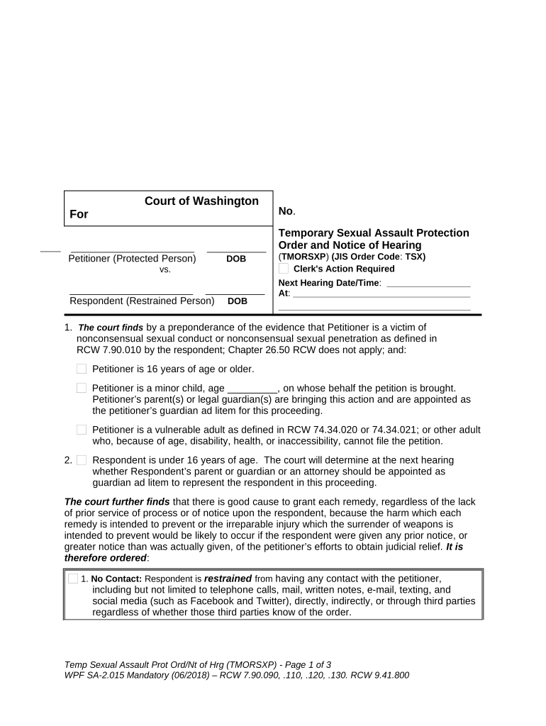 SA 2 015 Temporary Sexual Assault Protection Order and Notice of Hearing Washington  Form