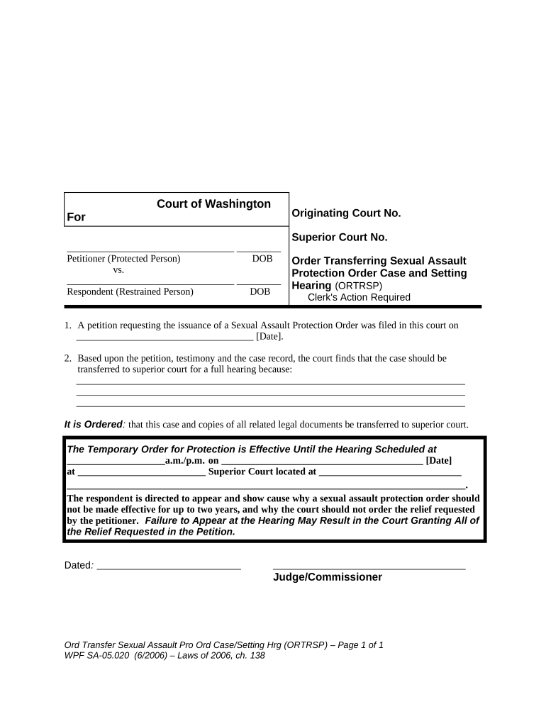 SA 5 020 Order Transferring Sexual Assault Protection Order Case and Setting Washington  Form