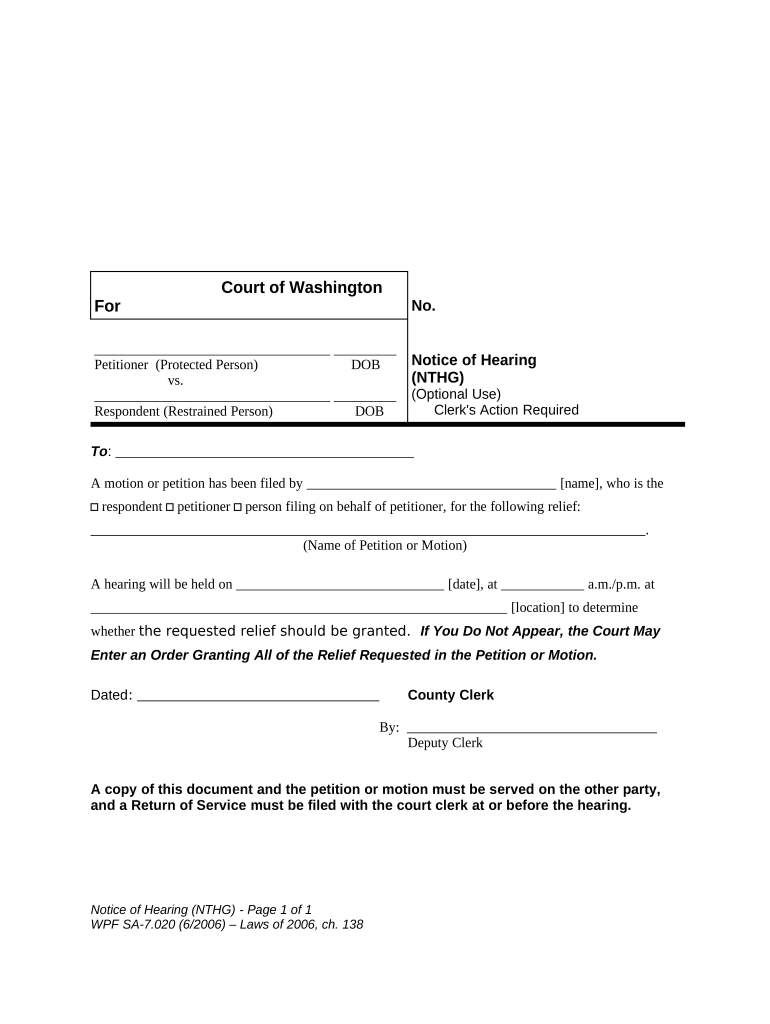 SA 7 020 Notice of Hearing Washington  Form