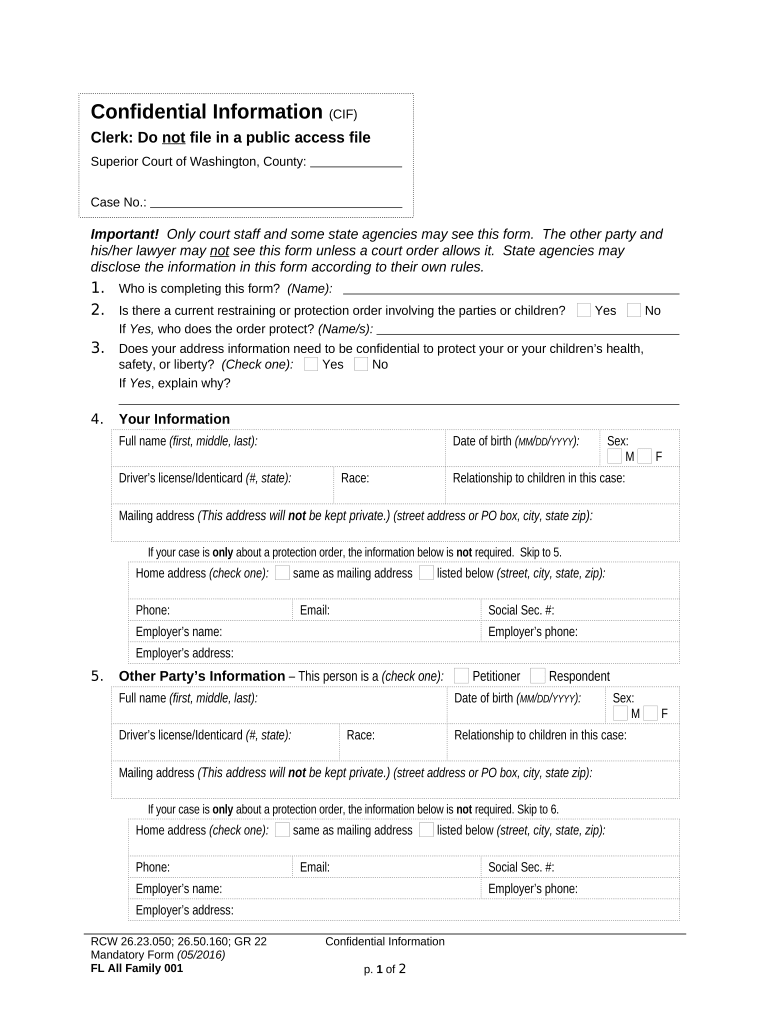 Washington Confidential Information Form