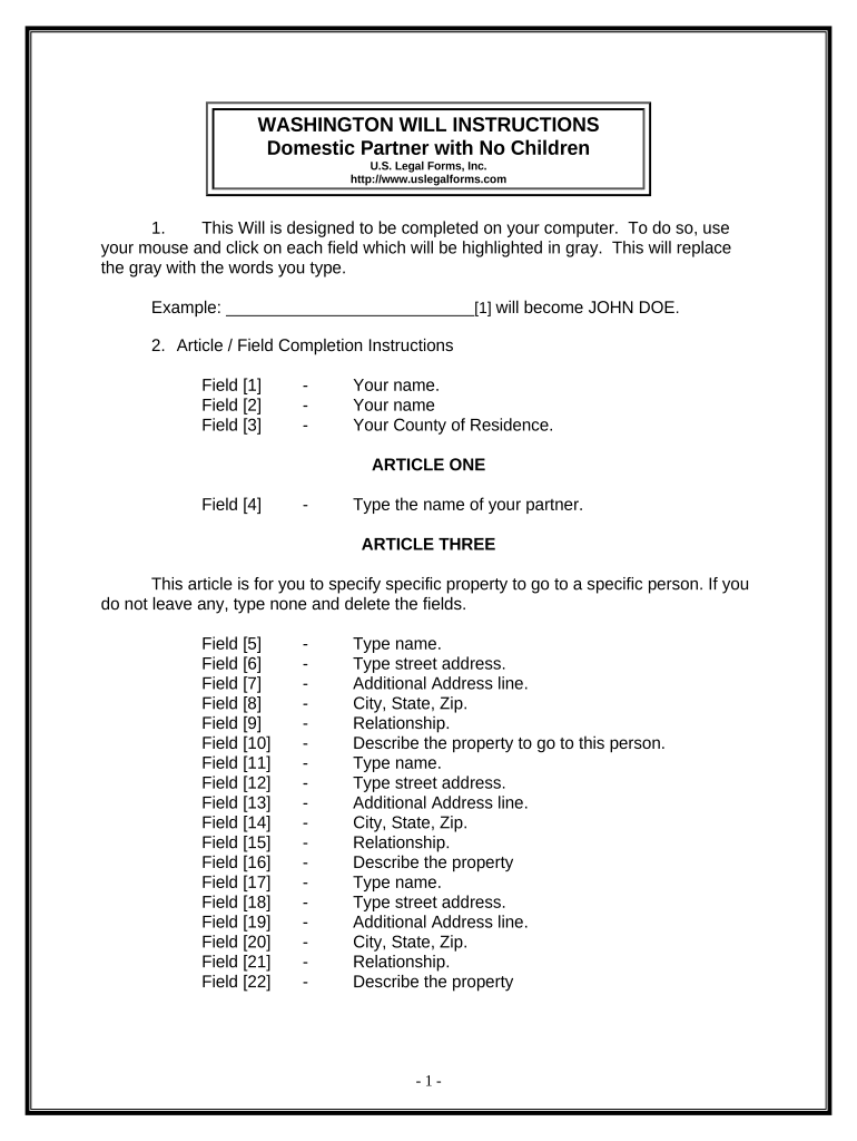 Legal Last Will and Testament Form for a Domestic Partner with No Children Washington