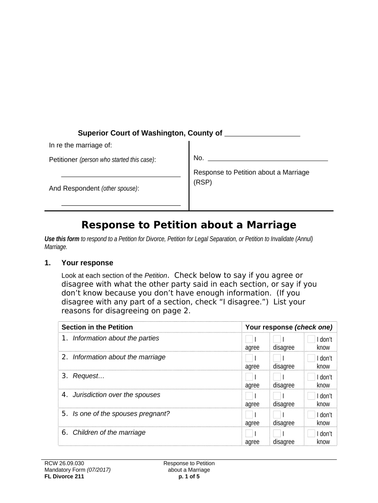 Response to Petition for Dissolution of Marriage Washington  Form