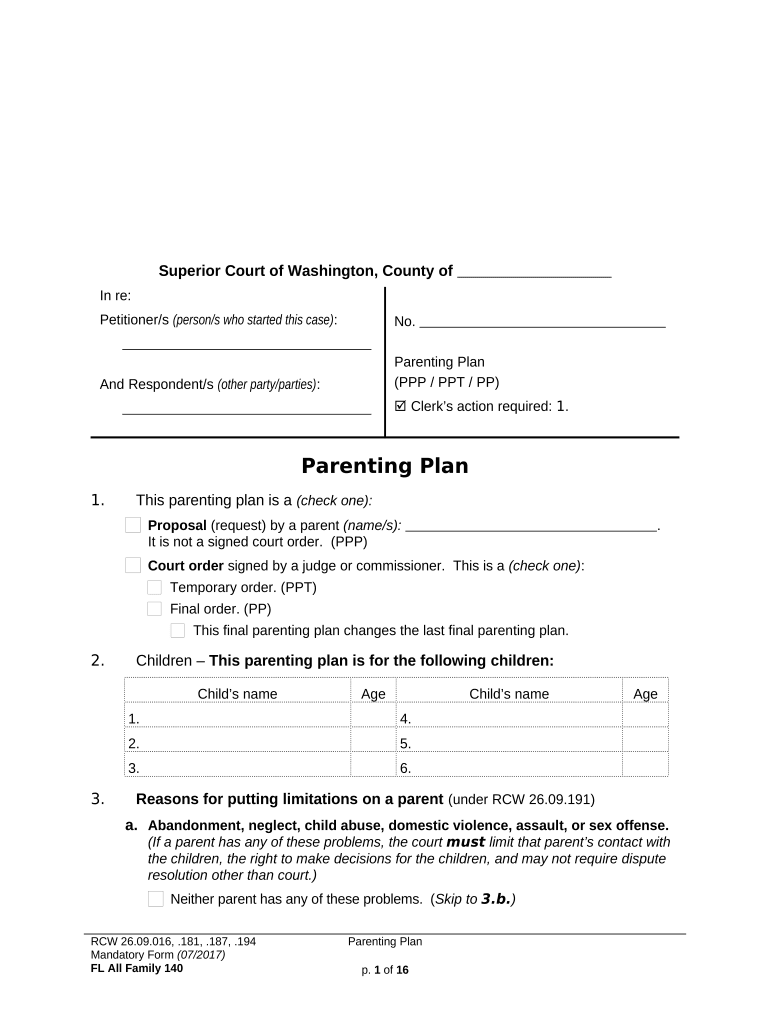 Washington Parenting Plan  Form