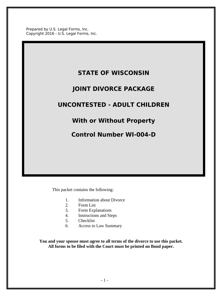 No Fault Uncontested Agreed Divorce Package for Dissolution of Marriage with Adult Children and with or Without Property and Deb  Form