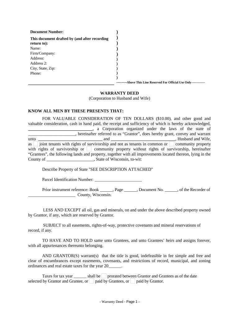 Warranty Deed from Corporation to Husband and Wife Wisconsin  Form