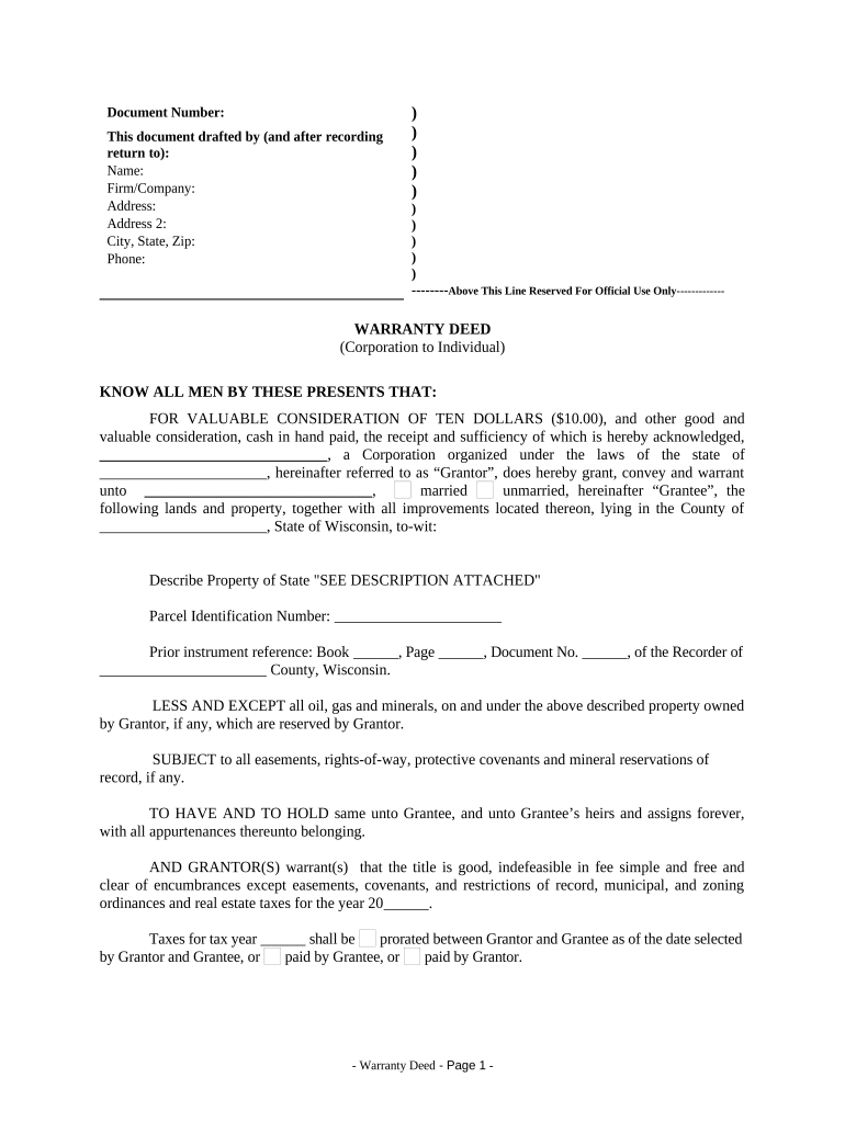 Warranty Deed from Corporation to Individual Wisconsin  Form