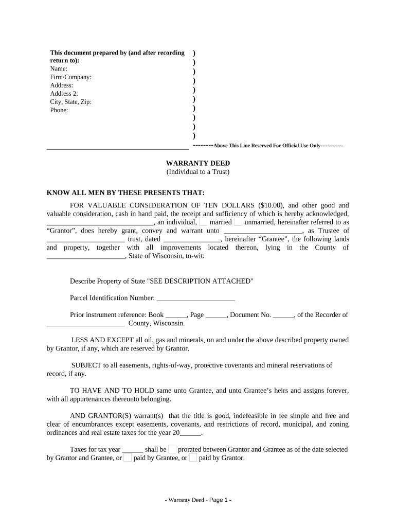 Warranty Deed from Individual to a Trust Wisconsin  Form