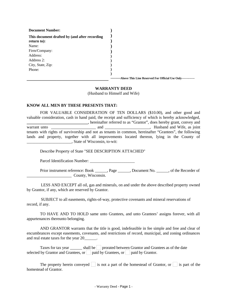 Warranty Deed from Husband to Himself and Wife Wisconsin  Form