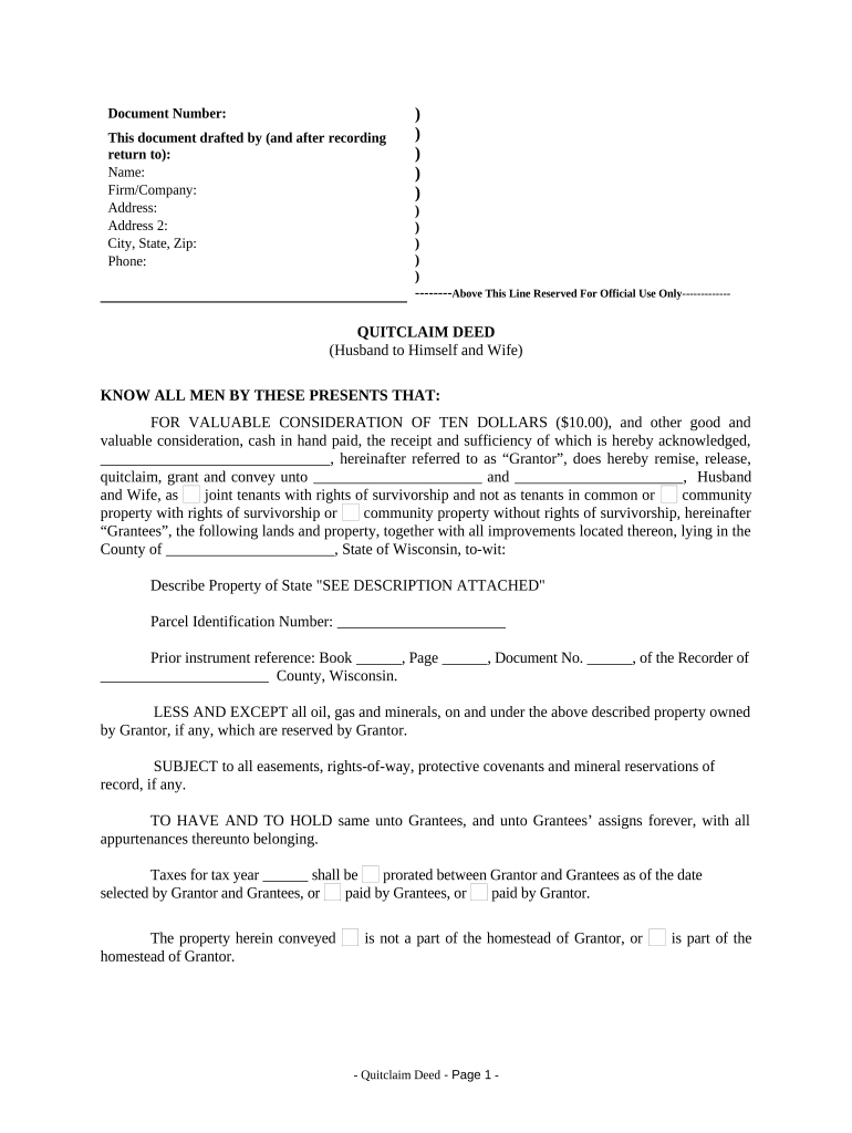 Quitclaim Deed from Husband to Himself and Wife Wisconsin  Form