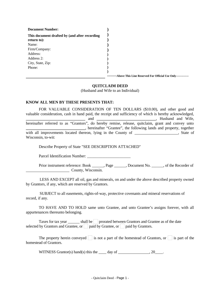 Quitclaim Deed from Husband and Wife to an Individual Wisconsin  Form