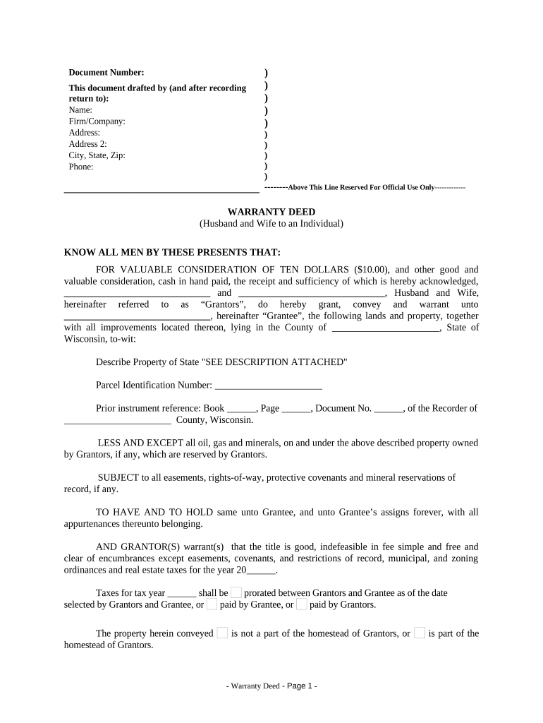 Warranty Deed from Husband and Wife to an Individual Wisconsin  Form