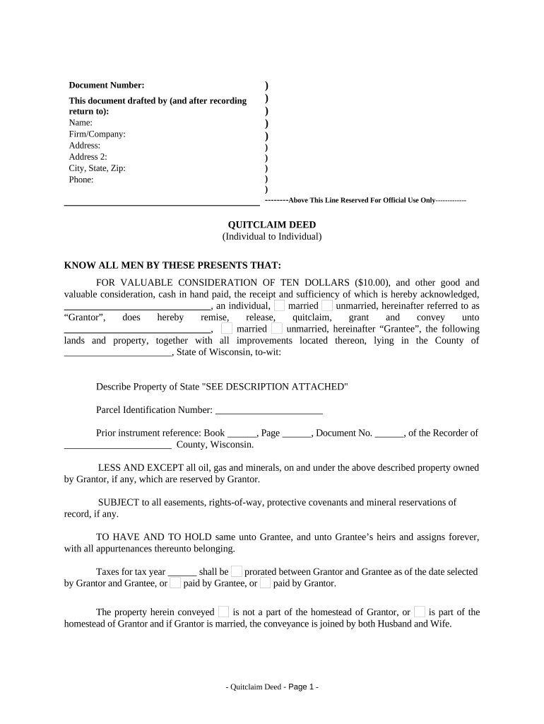 Quitclaim Deed from Individual to Individual Wisconsin  Form