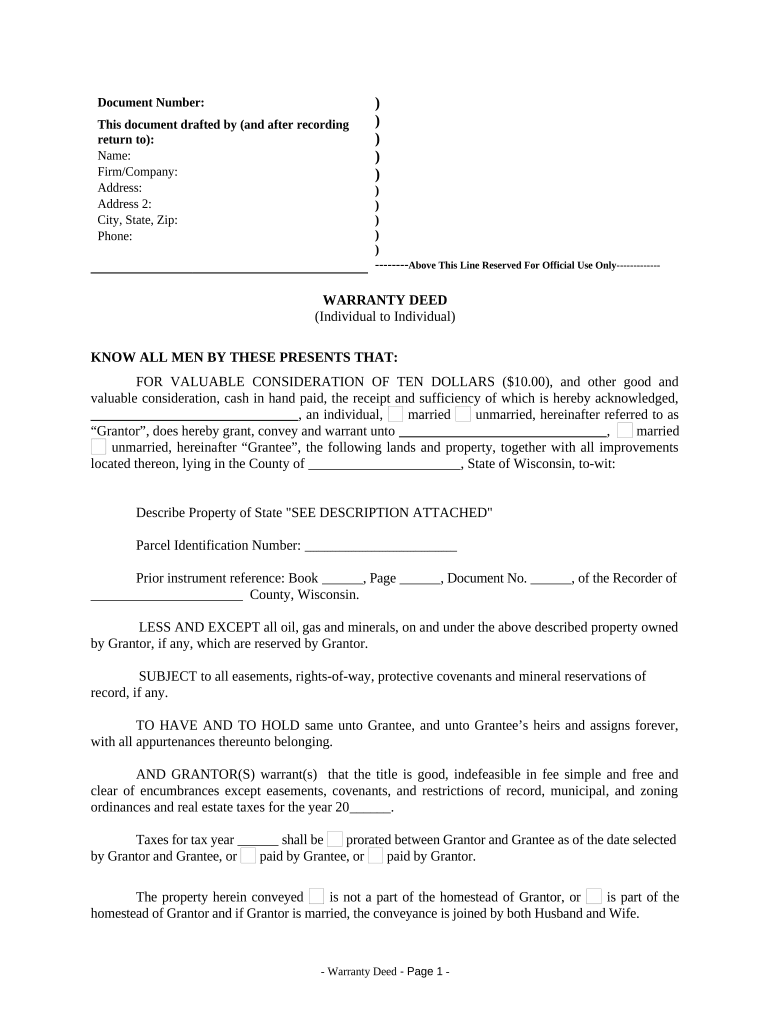 Warranty Deed from Individual to Individual Wisconsin  Form