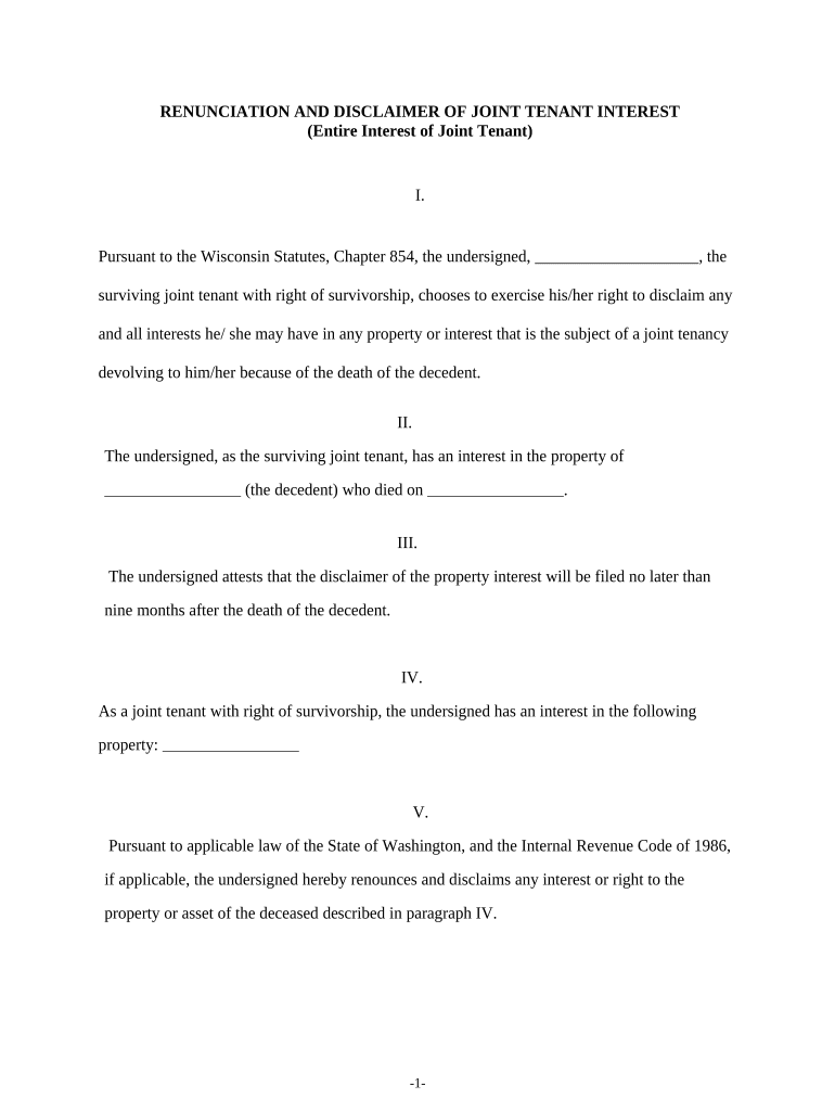 Renunciation and Disclaimer of Joint Tenant or Tenancy Interest Wisconsin  Form