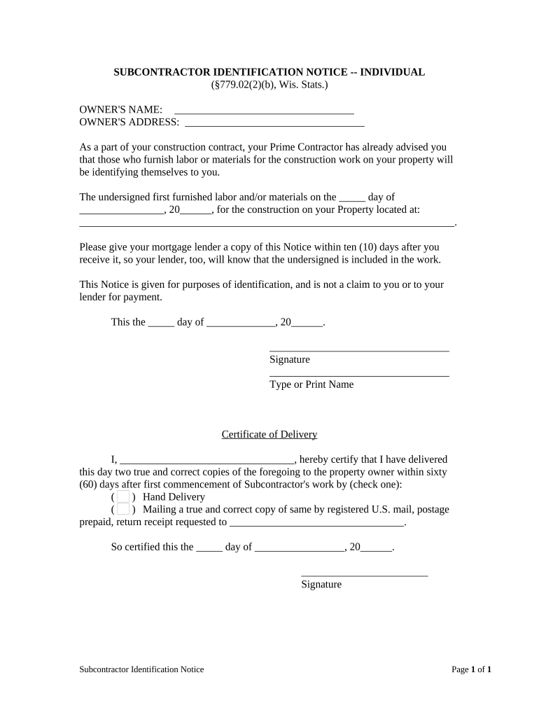 Subcontractor Identification Notice Wisconsin  Form