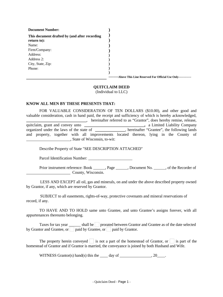 Quitclaim Deed from Individual to LLC Wisconsin  Form