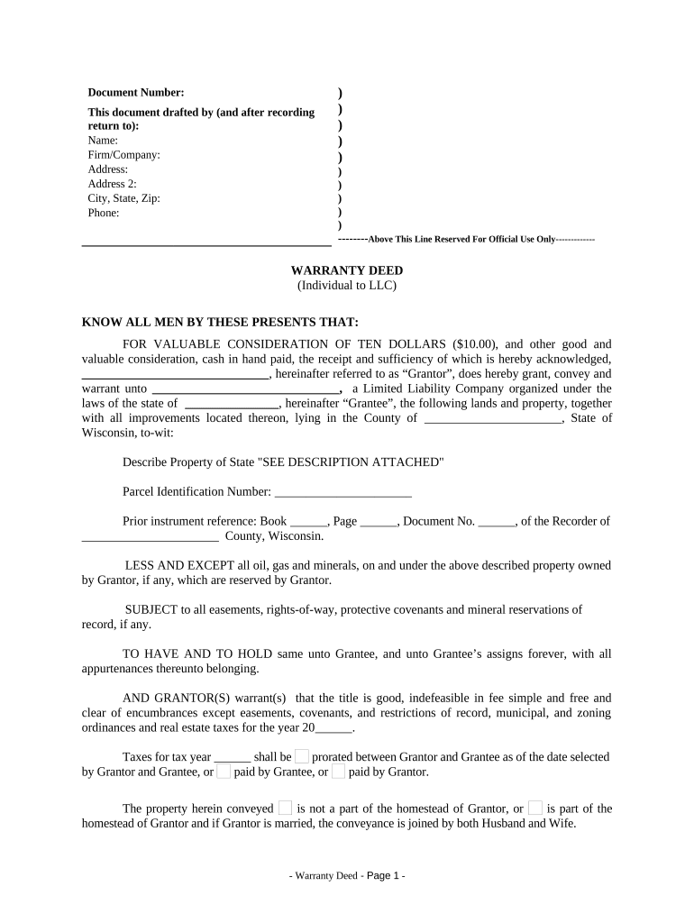 Warranty Deed from Individual to LLC Wisconsin  Form