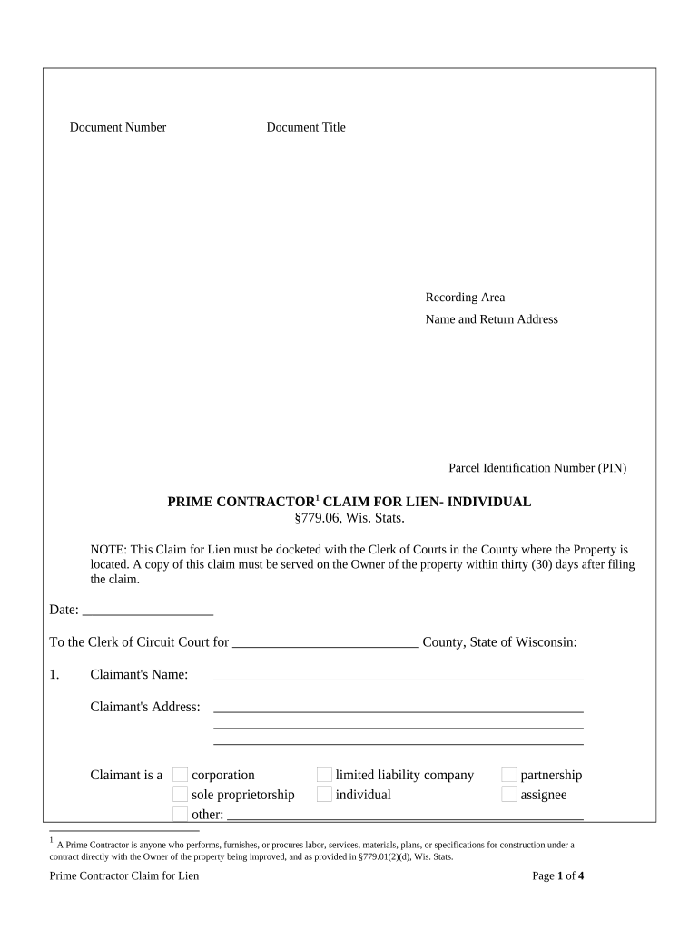 Prime Contractor's Claim of Lien by Individual Wisconsin  Form