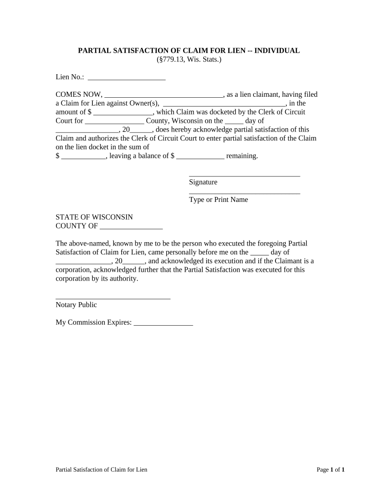 Partial Satisfaction of Lien Claim Individual Wisconsin  Form