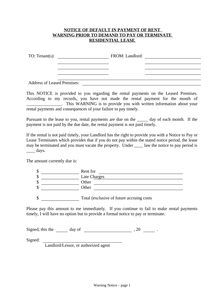 Notice of Default in Payment of Rent as Warning Prior to Demand to Pay or Terminate for Residential Property Wisconsin  Form