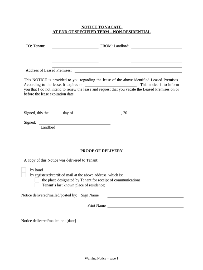 Notice of Intent Not to Renew at End of Specified Term from Landlord to Tenant for Nonresidential or Commercial Property Wiscons  Form
