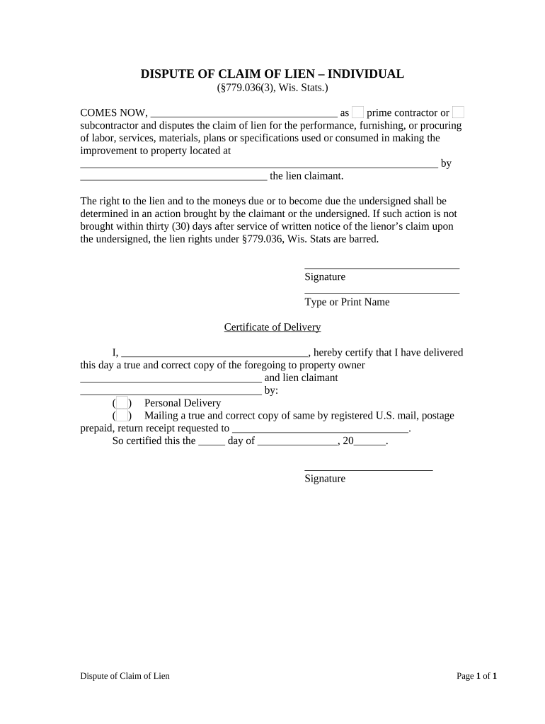 Dispute Lien  Form