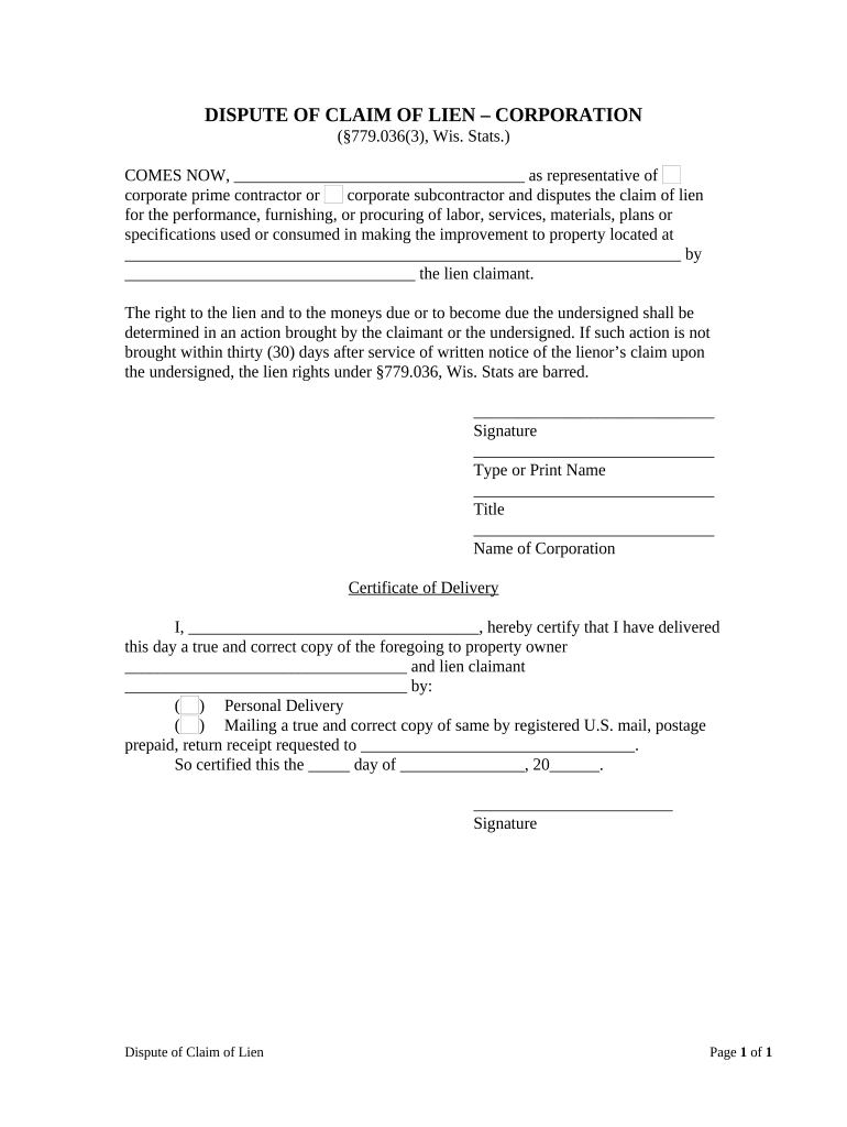 Wisconsin Claim Lien  Form