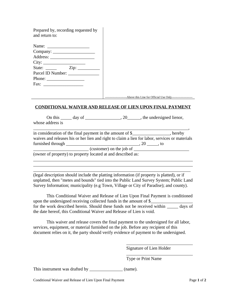 Conditional Waiver and Release of Claim of Lien Upon Final Payment Wisconsin  Form