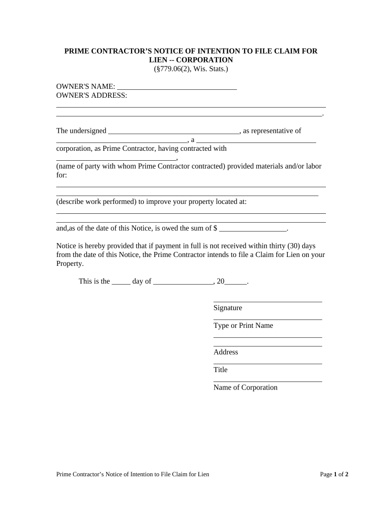 Contractor Notice Lien  Form