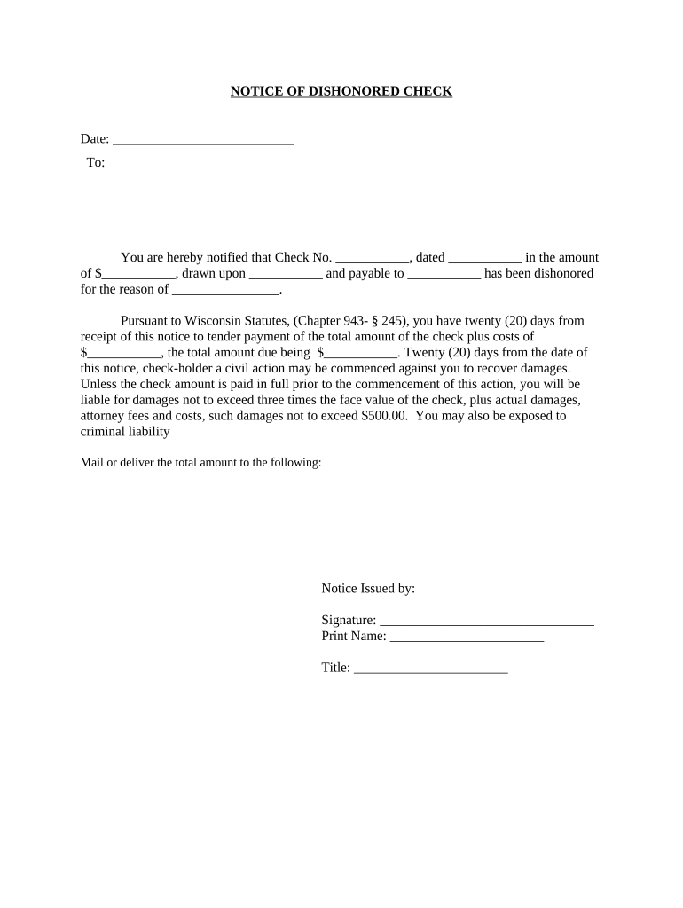 Notice of Dishonored Check Civil Keywords Bad Check, Bounced Check Wisconsin  Form