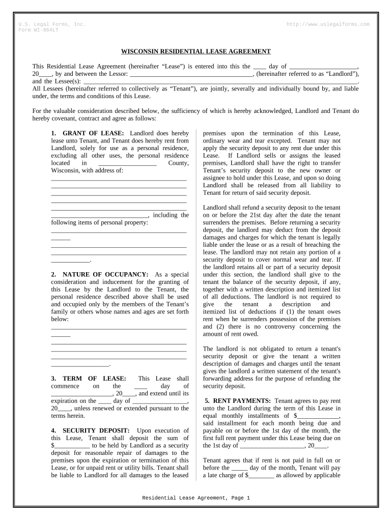 Fill and Sign the Residential Rental Lease Agreement Wisconsin Form