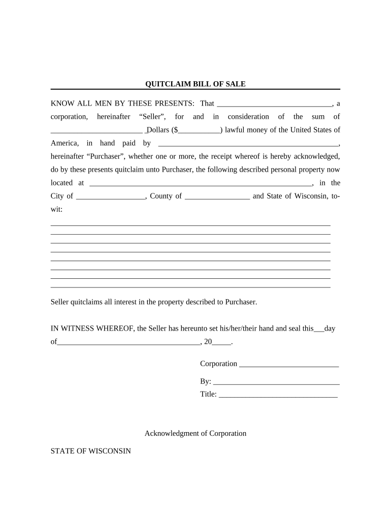Bill of Sale Without Warranty by Corporate Seller Wisconsin  Form